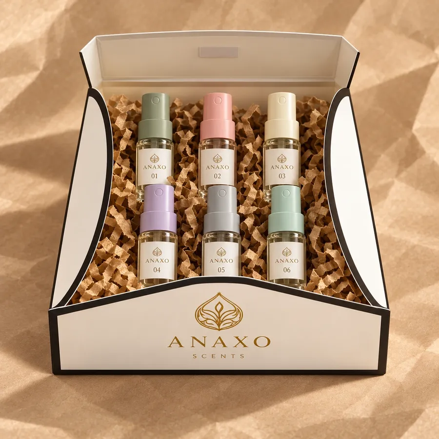 The ANAXO Discovery Set: an open box holding six small numbered fragrance samples