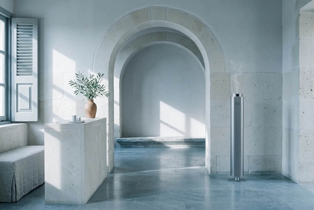 A whitewashed stone hotel reception with a slim titanium ANAXO Atelier diffuser standing beside an archway