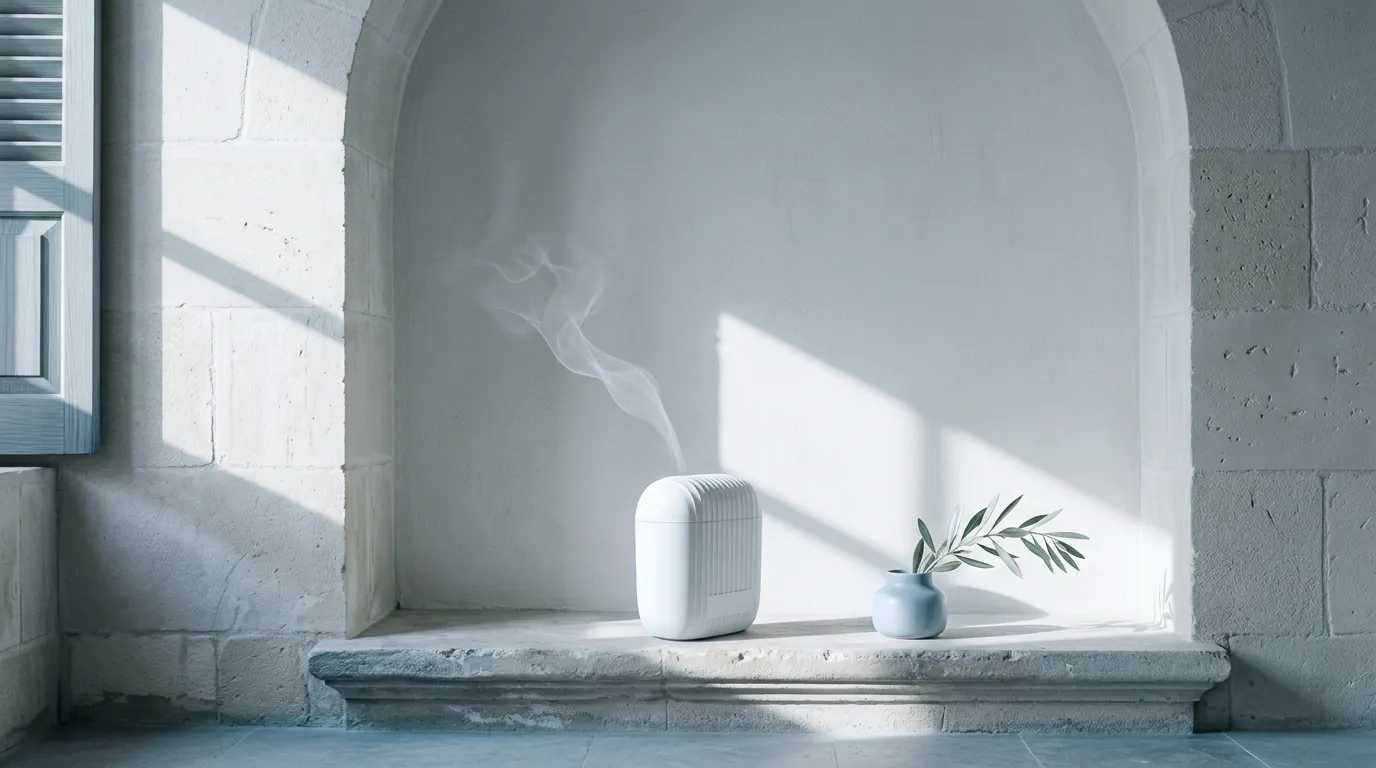 A white ANAXO Drift diffuser releasing a thin wisp of scent in a whitewashed limestone niche